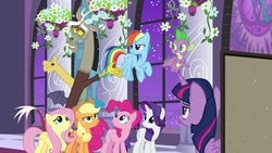 Size: 1920x1080 | Tagged: safe, screencap, applejack, discord, fluttershy, pinkie pie, rainbow dash, rarity, spike, twilight sparkle, alicorn, dragon, pony, g4, the summer sun setback, mane seven, mane six, twilight sparkle (alicorn), winged spike, wings