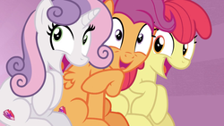 Size: 1920x1080 | Tagged: safe, screencap, apple bloom, scootaloo, sweetie belle, earth pony, pegasus, pony, unicorn, g4, growing up is hard to do, cutie mark, cutie mark crusaders, excited, female, mare, older, older apple bloom, older cmc, older scootaloo, older sweetie belle, the cmc's cutie marks