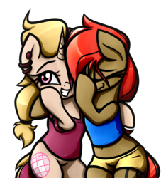 Size: 2016x2219 | Tagged: safe, artist:jetwave, oc, oc only, oc:dala vault, oc:melody bash, earth pony, pony, unicorn, belly button, clothes, cute, ear piercing, earring, facehoof, female, high res, jewelry, laughing, laughingmares.jpg, mare, midriff, piercing, shirt, shorts, tank top