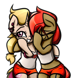 Size: 2016x2219 | Tagged: safe, artist:jetwave, oc, oc only, oc:dala vault, oc:melody bash, earth pony, pony, unicorn, belly button, clothes, cute, ear piercing, earring, facehoof, female, high res, hooters, jewelry, laughing, laughingmares.jpg, mare, midriff, piercing, shorts, tank top
