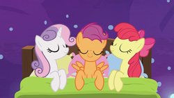 Size: 1920x1080 | Tagged: safe, screencap, apple bloom, scootaloo, sweetie belle, earth pony, pegasus, pony, unicorn, g4, growing up is hard to do, bed, being big is all it takes, cutie mark crusaders, eyes closed, female, mare, older, older apple bloom, older cmc, older scootaloo, older sweetie belle
