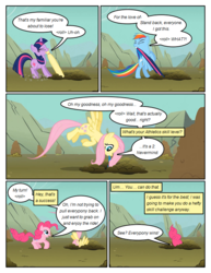 Size: 612x792 | Tagged: safe, artist:newbiespud, edit, edited screencap, screencap, applejack, fluttershy, pinkie pie, rainbow dash, twilight sparkle, earth pony, pegasus, pony, unicorn, comic:friendship is dragons, g4, comic, dialogue, eyes closed, falling, female, flying, hole, hooves, horn, implied applejack, mare, mouth hold, open mouth, rearing, screencap comic, spread wings, tail, tail pull, unicorn twilight, wings