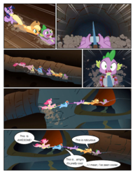Size: 612x792 | Tagged: safe, artist:newbiespud, edit, edited screencap, screencap, applejack, fluttershy, pinkie pie, rainbow dash, spike, twilight sparkle, dragon, earth pony, pegasus, pony, unicorn, comic:friendship is dragons, g4, comic, dialogue, eyes closed, falling, female, fishing rod, flying, hat, male, male pov, mare, mouth hold, offscreen character, pinkie pie riding fluttershy, ponies riding ponies, pov, riding, scared, screencap comic, tail, tail pull, unicorn twilight