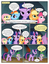 Size: 612x792 | Tagged: safe, artist:newbiespud, edit, edited screencap, screencap, applejack, fluttershy, pinkie pie, rainbow dash, spike, twilight sparkle, dragon, earth pony, pegasus, pony, unicorn, comic:friendship is dragons, g4, cave, comic, dialogue, female, freckles, hat, hooves, horn, looking up, male, mare, screencap comic, slit pupils, unicorn twilight