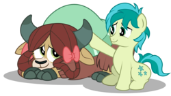 Size: 4362x2452 | Tagged: safe, artist:aleximusprime, sandbar, yona, earth pony, pony, yak, g4, comforting, couple, cute, daaaaaaaaaaaw, duo, duo male and female, female, larger female, looking at each other, looking at someone, male, pair, patting, sandabetes, ship:yonabar, shipping, size difference, smaller male, straight, yonadorable