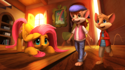 Size: 1920x1080 | Tagged: safe, artist:robin jacks, fluttershy, mouse, pegasus, pony, g4, bridgid (character), clothes, cottagecore, crossover, cute, eckhart, eckhart (character), female, floppy ears, fluttershy's cottage (interior), folded wings, indoors, looking at something, looking down, mare, shyabetes, trio, wings