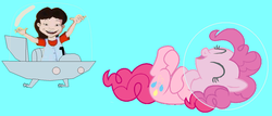 Size: 1227x526 | Tagged: safe, artist:guihercharly, pinkie pie, g4, astronaut, crossover, dragon tales, emmy (dragon tales), glass dome, laughing, space car, space helmet, spaceship, the jetsons, voice actor joke, wiggling fingers