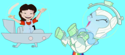 Size: 1035x460 | Tagged: safe, artist:guihercharly, rainbow dash, g4, astrodash, astronaut, clothes, costume, crossover, dragon tales, emmy (dragon tales), glass dome, laughing, space car, spaceship, spacesuit, wiggling fingers