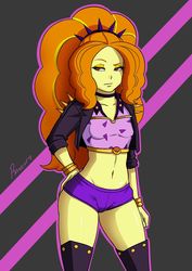 Size: 1280x1811 | Tagged: safe, artist:rambon7, editor:needed, adagio dazzle, equestria girls, equestria girls specials, g4, my little pony equestria girls: better together, my little pony equestria girls: sunset's backstage pass, abstract background, belly button, boots, booty shorts, bracelet, breasts, clothes, cocked hip, delicious flat chest, eyelashes, eyeshadow, female, flatdagio dazzle, hairband, hand on hip, jewelry, lidded eyes, makeup, midriff, raised eyebrow, shoes, short shirt, small breasts, solo, thigh boots, thighs, wide hips