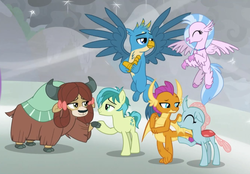 Size: 1346x935 | Tagged: safe, screencap, gallus, ocellus, sandbar, silverstream, smolder, yona, changedling, changeling, classical hippogriff, dragon, earth pony, griffon, hippogriff, pony, yak, g4, the ending of the end, bow, cloven hooves, colored hooves, cropped, crossed arms, dragoness, eyes closed, female, flying, hair bow, hooves, jewelry, male, monkey swings, necklace, paws, proud, ship:yonabar, shipping, shipping fuel, smiling, straight, student six, teenager, wings