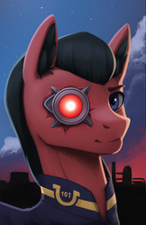 Size: 1362x2100 | Tagged: safe, artist:mrscroup, oc, oc only, oc:red eye, cyborg, earth pony, pony, fallout equestria, bust, clothes, cloud, cyber eyes, fanfic, fanfic art, fillydelphia, jumpsuit, looking at you, male, night, night sky, portrait, sky, solo, stallion, stars, vault suit