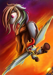 Size: 1237x1750 | Tagged: safe, artist:jamescorck, rainbow dash, pegasus, pony, g4, anime, berserk, casca, clothes, crossover, female, looking at you, mare, mouth hold, robe, solo, sunset, sword, weapon