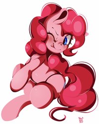 Size: 1642x2048 | Tagged: safe, artist:tohupo, pinkie pie, earth pony, pony, g4, cute, diapinkes, female, mare, one eye closed, signature, simple background, sitting, solo, tongue out, white background