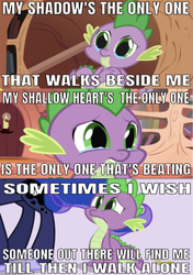 Size: 640x909 | Tagged: safe, edit, edited screencap, editor:undeadponysoldier, screencap, princess luna, spike, alicorn, dragon, pony, g4, owl's well that ends well, spike at your service, boulevard of broken dreams, caption, crying, female, golden oaks library, green day, image macro, male, mare, sad, song reference, text