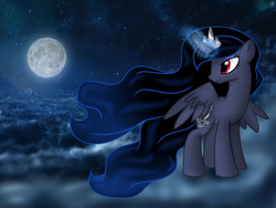Size: 4000x3000 | Tagged: safe, artist:lunaapple, oc, oc only, oc:blue dream, alicorn, pony, alicorn oc, crown, ethereal mane, female, flowing mane, flowing tail, full moon, glowing horn, horn, jewelry, mare, moon, night, offspring, parent:king sombra, parent:princess luna, parents:lumbra, red eyes, regalia, stars