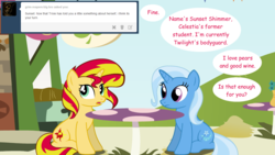 Size: 1280x720 | Tagged: safe, artist:hakunohamikage, sunset shimmer, trixie, pony, unicorn, ask-princesssparkle, g4, comic, door, female, mare, table