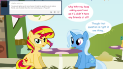 Size: 1280x720 | Tagged: safe, artist:hakunohamikage, sunset shimmer, trixie, pony, unicorn, ask-princesssparkle, g4, comic, door, female, mare, table