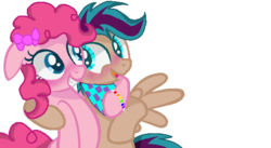 Size: 606x331 | Tagged: safe, pinkie pie, oc, oc:christaloo, earth pony, pegasus, pony, g4, base used, bib, blushing, bow, bracelet, canon x oc, eye contact, female, jewelry, lesbian, looking at each other, mare, offspring, open mouth, parent:oc:christle flyer, parent:scootaloo, parents:canon x oc, shipping, simple background, smiling, transparent background