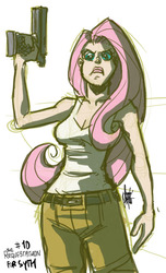 Size: 400x658 | Tagged: safe, artist:theartrix, fluttershy, human, g4, badass, clothes, female, flutterbadass, gun, humanized, scowl, solo, weapon