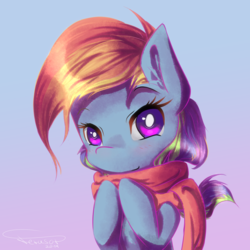 Size: 3000x3000 | Tagged: safe, artist:ferasor, rainbow dash, pony, g4, clothes, cute, dashabetes, female, high res, hooves to the chest, scarf, signature, simple background, smiling, solo