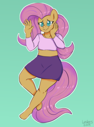 Size: 1926x2600 | Tagged: safe, artist:leslers, fluttershy, pegasus, anthro, unguligrade anthro, g4, clothes, cute, female, hands up, legs, mare, midriff, miniskirt, short shirt, skirt, smiling, solo