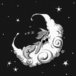 Size: 2000x2000 | Tagged: safe, artist:nekr0ns, rainbow dash, pony, g4, bandaid, cloud, eyes closed, female, high res, monochrome, night, onomatopoeia, open mouth, sky, sleeping, snoring, solo, sound effects, stars, zzz