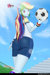 Size: 1381x2040 | Tagged: safe, artist:clouddg, rainbow dash, equestria girls, g4, my little pony equestria girls: choose your own ending, sock it to me, adorasexy, ass, ball, bleachers, butt, clothes, crepuscular rays, cute, female, football, multiple variants, rainbutt dash, sexy, shorts, signature, solo, sports, thighs, wristband