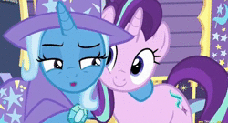 Size: 520x280 | Tagged: safe, screencap, starlight glimmer, trixie, pony, unicorn, g4, to where and back again, animated, duo, female, lidded eyes, mare, smiling, sound, webm