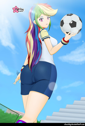 Size: 1381x2040 | Tagged: safe, alternate version, artist:clouddg, rainbow dash, human, equestria girls, g4, my little pony equestria girls: better together, sock it to me, adorasexy, ass, ball, bleachers, breasts, busty rainbow dash, butt, clothes, crepuscular rays, cute, female, football, human coloration, multiple variants, rainbutt dash, sexy, shorts, signature, solo, sports, wristband