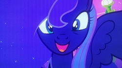 Size: 2560x1440 | Tagged: safe, screencap, princess luna, alicorn, pony, g4, luna eclipsed, season 2, animation error, looking at you, open mouth, picture of a screen, wings