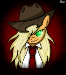 Size: 1683x1905 | Tagged: safe, artist:banquo0, applejack, earth pony, pony, g4, alternate hairstyle, alucard, bust, crossover, female, freck, freckles, glowing eyes, hellsing, mare, necktie, portrait, smiling, smirk, solo
