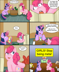 Size: 750x919 | Tagged: safe, artist:ammika, pinkie pie, twilight sparkle, dragon, earth pony, human, pony, unicorn, comic:friendship is dragons, g4, collaboration, comic, cross-popping veins, dialogue, female, frown, glowing horn, hooves, horn, levitation, magic, mare, meta, offscreen character, open mouth, pencil, pov, sitting, table, telekinesis, toy, unicorn twilight, white eyes