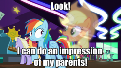 Size: 1920x1080 | Tagged: safe, edit, edited screencap, screencap, applejack, chargrill breadwinner, colton john, levon song, lock heart, orange slice, rainbow dash, sweet buzz, ghost, pegasus, pony, g4, grannies gone wild, appleghost, applejack's parents, caption, dark comedy, female, image macro, implied bright mac, implied pear butter, las pegasus resident, mare, text, the apple family parents are dead, we are going to hell