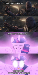 Size: 1280x2517 | Tagged: safe, edit, edited screencap, screencap, twilight sparkle, alicorn, pony, g4, the ending of the end, leak, and i am iron man, avengers, avengers: endgame, caption, image macro, marvel, marvel comics, spoiler, spoilers for another series, text, thanos, this will end in death, twilight sparkle (alicorn)
