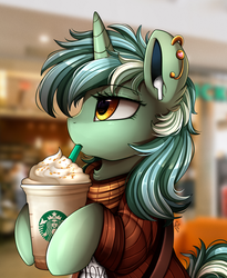 Size: 1446x1764 | Tagged: safe, artist:pridark, lyra heartstrings, pony, unicorn, g4, airpods, bipedal, bust, caffeine, clothes, drink, ear piercing, female, frappuccino, hoof hold, piercing, portrait, solo, starbucks, sweater