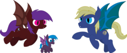 Size: 4710x1990 | Tagged: safe, artist:tikibat, derpibooru exclusive, oc, oc only, oc:orion eclipse, oc:scarlet eclipse, oc:silver eclipse, bat pony, pony, bat pony oc, bat wings, colt, cutie mark, ear fluff, family, fangs, female, flying, foal, male, mare, membranous wings, simple background, slit pupils, stallion, transparent background, wings
