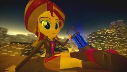 Size: 1920x1080 | Tagged: safe, artist:russianguyt, sunset shimmer, equestria girls, g4, 3d, city, cityscape, female, gmod, looking at you, night, physics gun, poster, solo