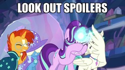 Size: 1920x1080 | Tagged: safe, edit, edited screencap, screencap, starlight glimmer, sunburst, terramar, trixie, classical hippogriff, hippogriff, pony, unicorn, g4, student counsel, caption, covering eyes, eyes closed, female, hiding behind wing, image macro, male, mare, reaction image, stallion, text, treehouse of harmony, wing hands, wings