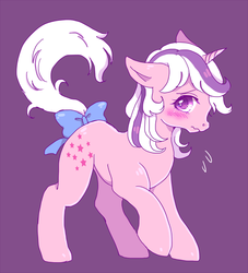 Size: 670x737 | Tagged: safe, artist:tsukuda, twilight, pony, unicorn, g1, blushing, bow, cute, female, mare, purple background, shy, simple background, solo, tail bow, twiabetes
