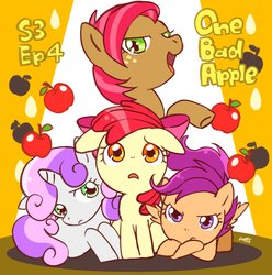 Size: 2028x2048 | Tagged: safe, artist:ku_rimo, apple bloom, babs seed, scootaloo, sweetie belle, earth pony, pegasus, pony, unicorn, g4, one bad apple, season 3, angry, apple, bow, cutie mark crusaders, female, filly, floppy ears, food, hair bow, high res