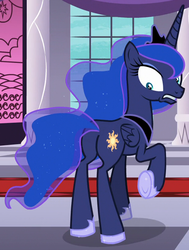 Size: 615x815 | Tagged: safe, screencap, princess luna, alicorn, pony, a royal problem, g4, butt, cringing, cropped, crown, ethereal mane, eyeshadow, female, flowing mane, folded wings, hoof shoes, jewelry, looking at butt, looking back, makeup, mare, plot, raised hoof, regalia, shrunken pupils, solo, stained glass, swapped cutie marks, wide eyes, wings