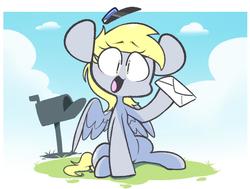 Size: 1185x896 | Tagged: safe, artist:sourspot, derpy hooves, pegasus, pony, g4, cute, derpabetes, female, hat, hoof hold, mail, mailbox, mailmare, mare, sitting, solo