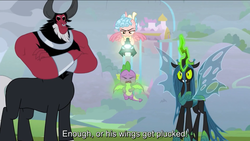 Size: 1136x640 | Tagged: safe, screencap, cozy glow, lord tirek, queen chrysalis, spike, alicorn, dragon, pony, g4, the ending of the end, leak, alicornified, animation error, cozycorn, poor spike, race swap, spikeabuse, subtitles, ultimate chrysalis, winged spike, wings