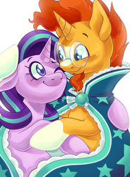 Size: 1088x1477 | Tagged: safe, artist:trinoids, starlight glimmer, sunburst, pony, unicorn, g4, blushing, female, freckles, looking at each other, male, ship:starburst, shipping, smiling, stallion, straight