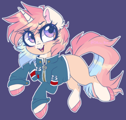 Size: 2506x2396 | Tagged: safe, artist:_spacemonkeyz_, oc, oc only, oc:wind breaker, pony, unicorn, clothes, female, high res, jacket, mare, purple background, simple background, solo
