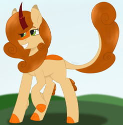 Size: 1858x1895 | Tagged: safe, artist:dyonys, oc, oc only, oc:pumpkin soup, kirin, female, kirin oc, raised hoof, raised tail, simple background, smiling, solo, tail