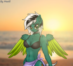 Size: 3128x2828 | Tagged: safe, artist:maxiclouds, oc, oc only, pegasus, anthro, beach, belly button, bikini, bikini top, blushing, breasts, clothes, collar, ear piercing, female, high res, looking at you, piercing, sarong, smiling, solo, sunset, swimsuit