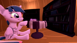 Size: 1280x720 | Tagged: safe, artist:mrm, twilight sparkle, alicorn, pony, g4, 3d, animated, bookshelf, chewing, cute, eating, female, food, levitation, magic, mare, no sound, sandwich, sitting, solo, source filmmaker, table, telekinesis, twiabetes, twilight sparkle (alicorn), webm