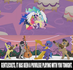 Size: 609x590 | Tagged: safe, edit, edited screencap, screencap, applejack, concerto, fluttershy, octavia melody, parish nandermane, pinkie pie, princess celestia, princess luna, rainbow dash, rarity, spike, starlight glimmer, symphony, twilight sparkle, alicorn, earth pony, pegasus, pony, unicorn, g4, sweet and elite, the last problem, leak, band, bipedal, bow (instrument), cello, female, group hug, harp, hug, large wings, mane six, mare, meme, musical instrument, nearer my god to thee, titanic, twilight sparkle (alicorn), violin, winghug, wings