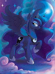 Size: 634x850 | Tagged: safe, artist:soulscapecreatives, princess luna, alicorn, pony, g4, crown, cute, female, jewelry, lunabetes, mare, moon, night, raised hoof, regalia, smiling, solo, spread wings, wings